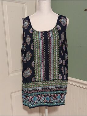 Cynthia Rowley XL Womens Navy Sleeveless Printed Tank Top Boho Design Summer